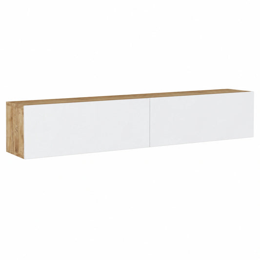 Meuble TV, avec portes, coloris blanc et naturel, pour le salon