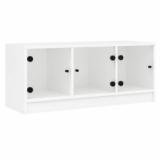 Meuble TV, avec rangement, avec portes, en verre, coloris blanc, 102 x 37 x 42 cm, pour le salon