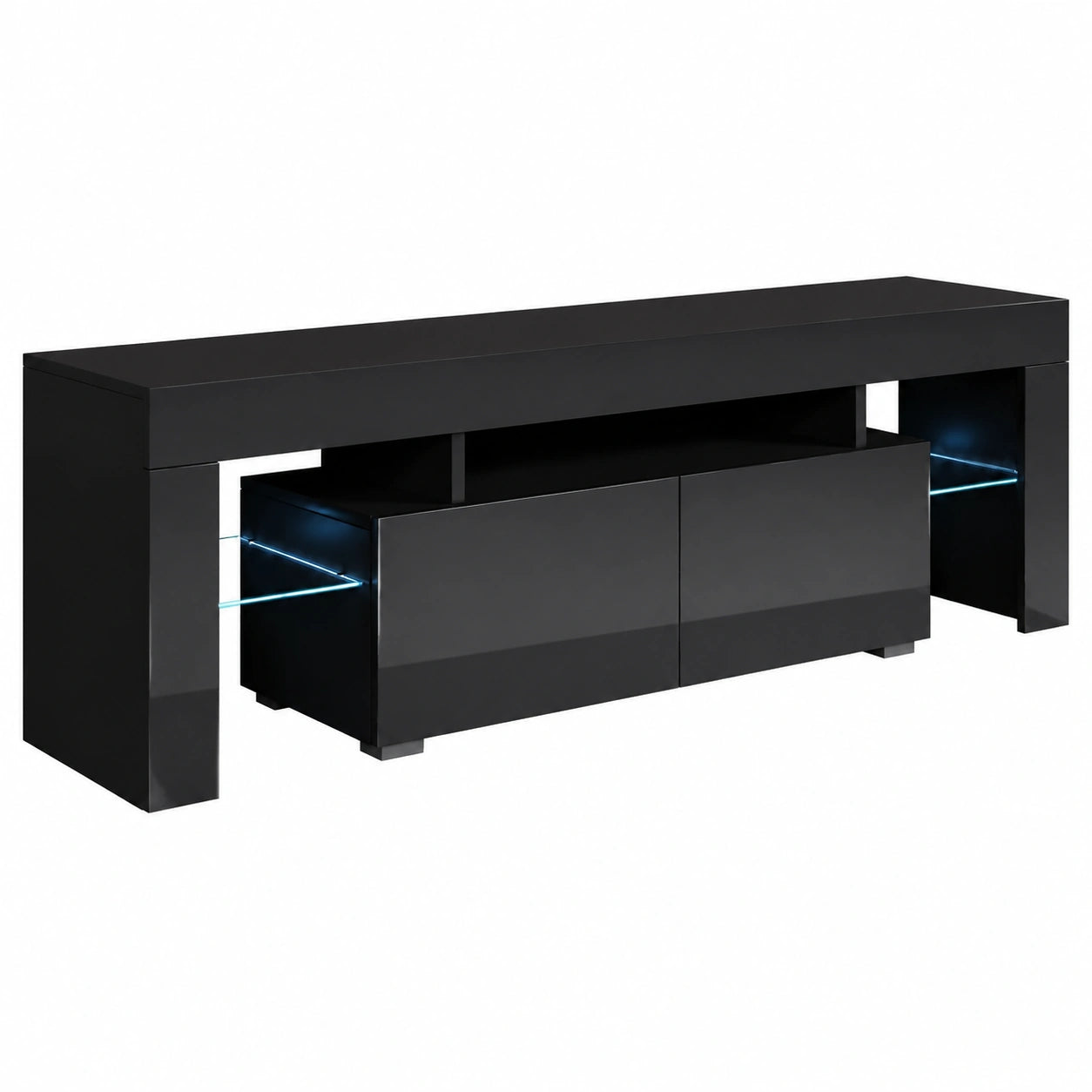 Meuble TV, avec tiroirs, avec éclairage LED, 160 x 45 x 35 cm, coloris noir, pour le salon