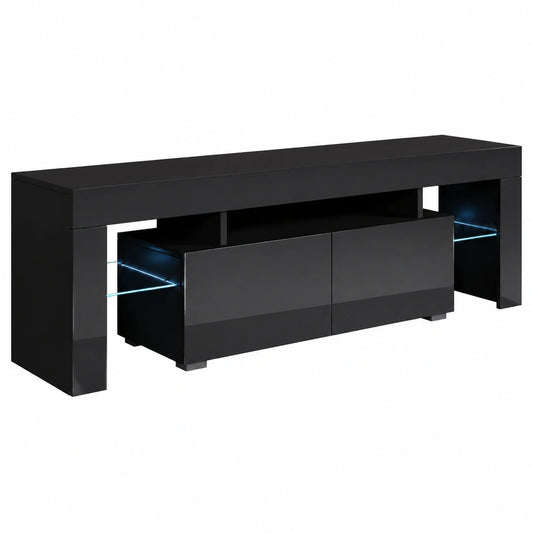 Meuble TV, avec tiroirs, avec éclairage LED, 160 x 45 x 35 cm, coloris noir, pour le salon