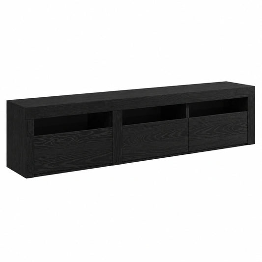 Meuble TV, 2 pièces, avec étagères, avec portes, avec éclairage LED, en chêne, coloris noir, 180 x 35 x 40 cm, pour le salon