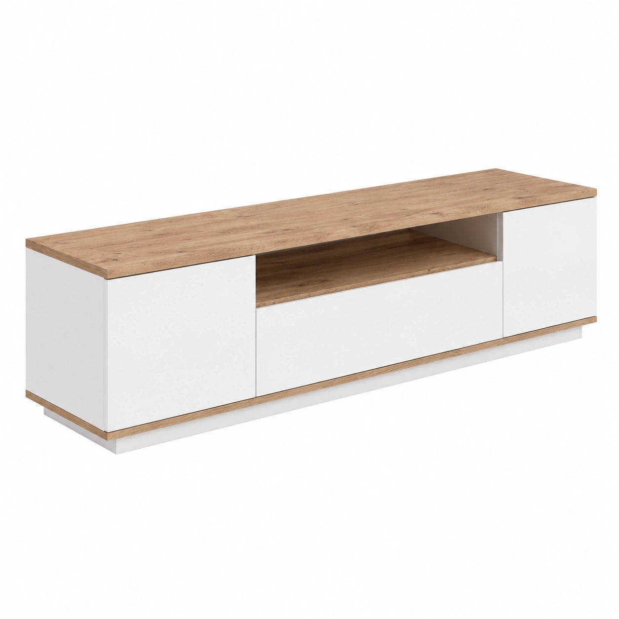 Meuble TV, avec rangement, avec portes, en panneaux de bois, coloris blanc et naturel, pour le salon