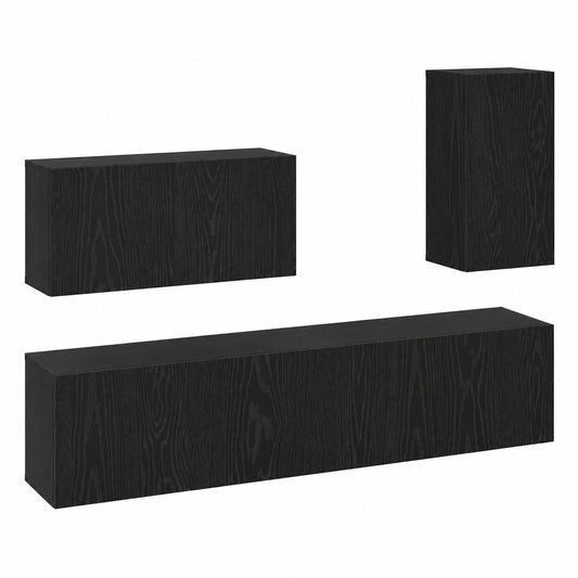 Meuble TV, en chêne, avec rangement, avec tiroirs, avec étagères, coloris noir, pour le salon