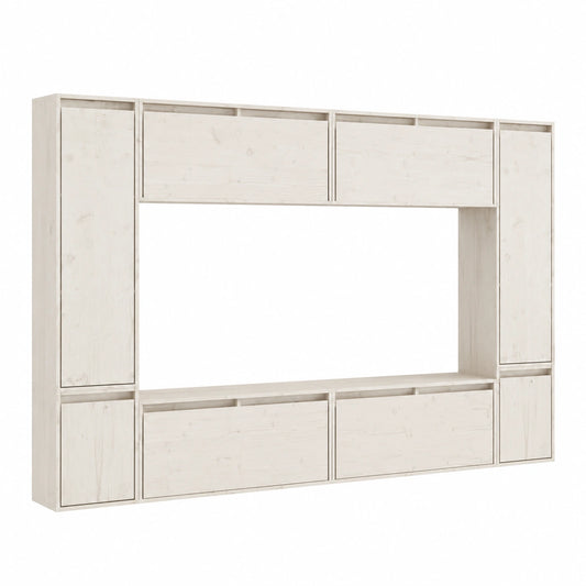 Meuble TV, avec rangement, avec tiroirs, avec étagères, en bois massif, 8 pièces, coloris blanc, pour le salon