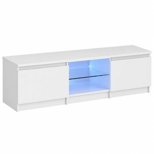 Meuble TV, avec éclairage LED, coloris blanc, 140 x 40 x 36 cm, pour le salon