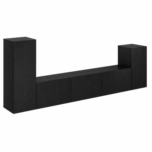 Meuble TV, en chêne, avec rangement, avec étagères, avec portes, coloris noir, 3 pièces, pour le salon