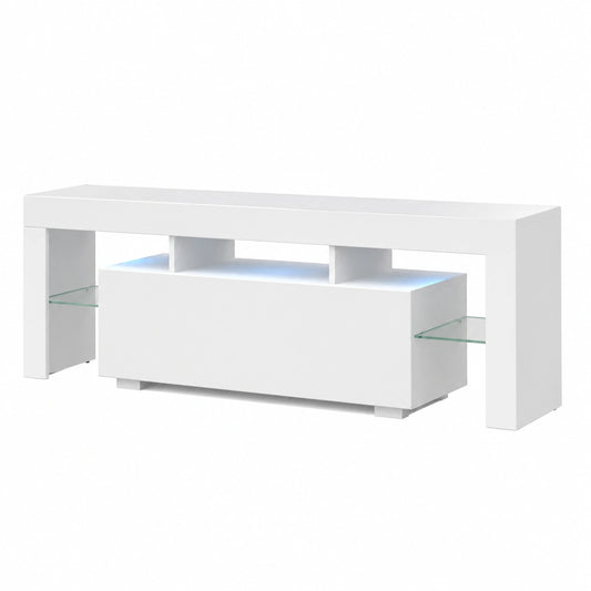 Meuble TV, en panneaux de bois et verre, avec rangement, avec éclairage LED, coloris blanc et bleu, pour le salon