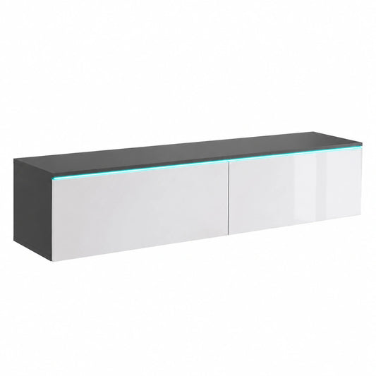 Meuble TV, avec portes, coloris blanc et gris, pour le salon