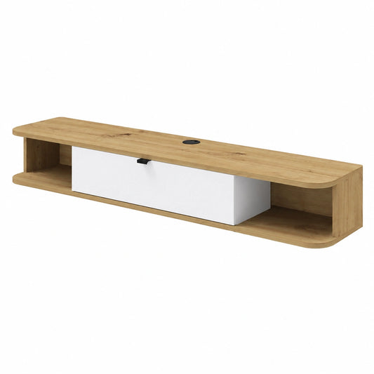 Meuble TV, en chêne, 156 x 29 x 20 cm, coloris blanc, pour le salon