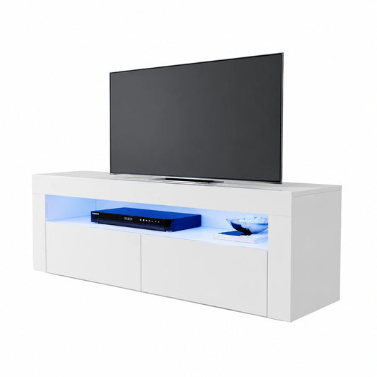 Meuble TV, réglable, avec portes, avec éclairage LED, 120 x 40 x 45 cm, coloris blanc, pour le salon
