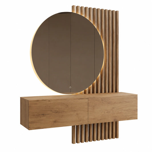 Porte-manteau, avec rangement, en chêne, coloris doré, 37,8 x 160 x 32,5 cm, pour l’entrée ou le couloir